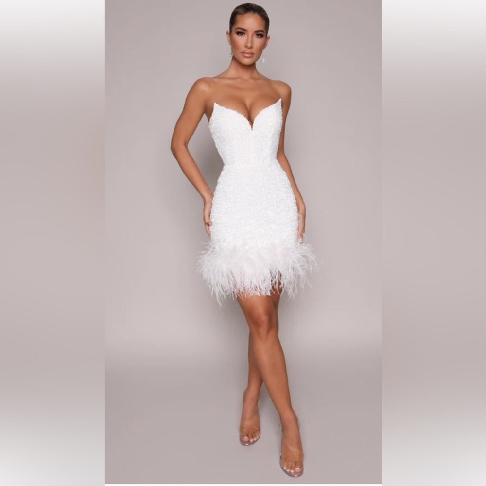 Moda Glam Boutique Ziva Strapless Mini Dress w/ feather trim